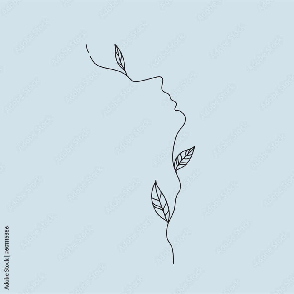 Line art Minimalist Woman Face with Leaves. Nature concept cosmetics ...