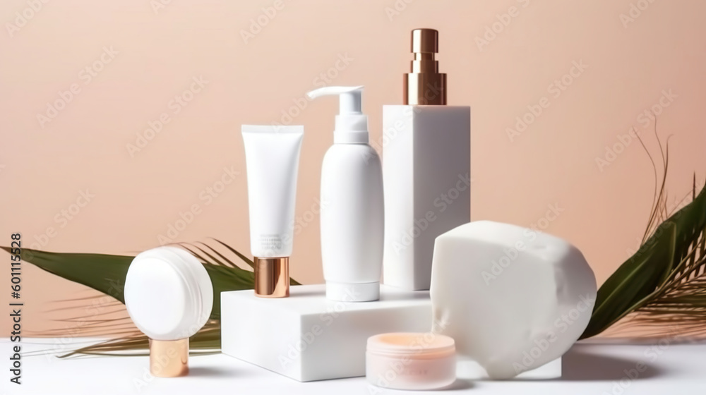 Isolated blank white skincare product set, no label or logo, surrounded by natural items, marketing concept. Generative AI Isolated blank white skincare product set, no label or logo, surrounded by natural items, marketing concept. Generative AI
