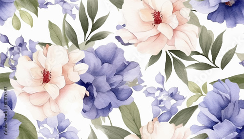 Delicate floral watercolor pattern for textiles and backgrounds, watercolor blue peonies flowers and green leaves, soft colors, boho style on a light background, floristic vintage, Asian