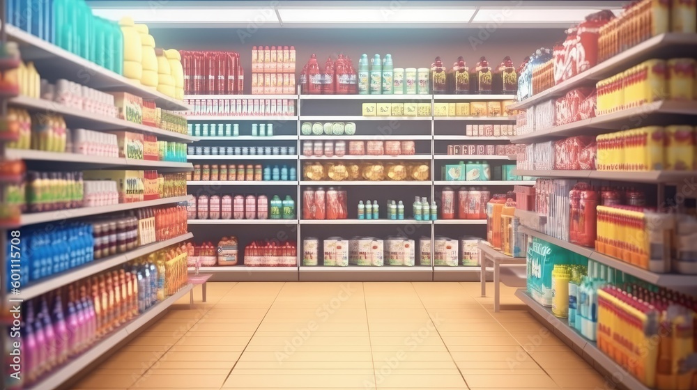 Interior of a supermarket with shelves for varied goods