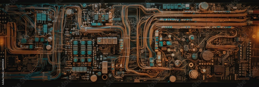 A detailed image of a circuit board, with its intricate network of wires and components1, concept of Electronic connections, created with Generative AI technology