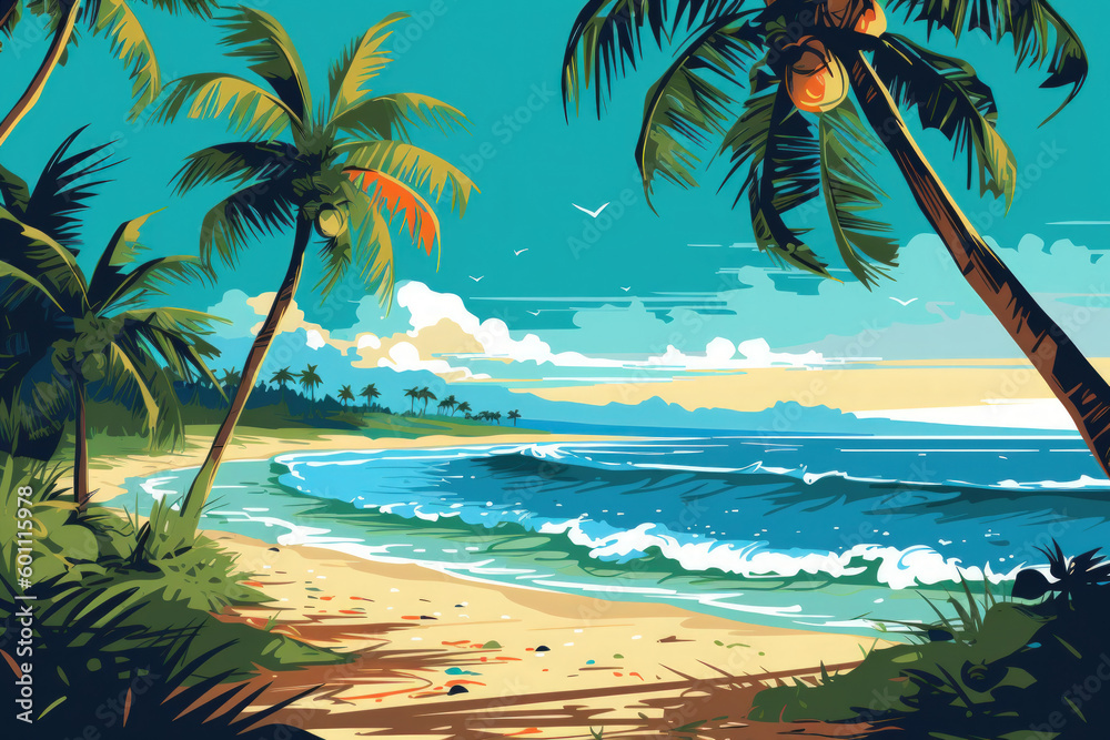 Naklejka premium Drawing tropical beach summer background. Graphic illustration design. Generative ai.
