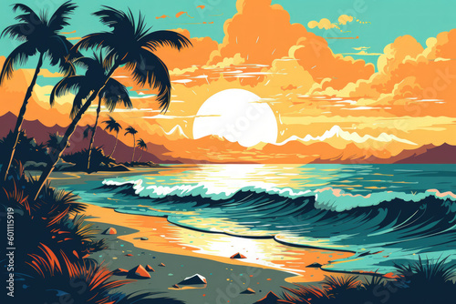 Drawing tropical beach summer background. Graphic illustration design. Generative ai.