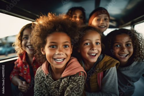 A group of children smiling on a bus