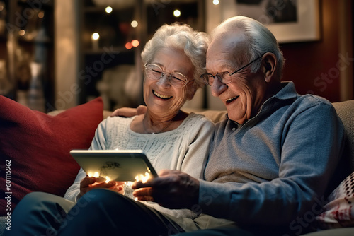 An older couple sitting on a couch looking at a tablet