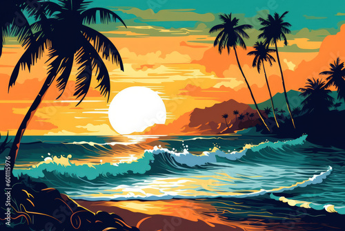 Drawing tropical beach summer background. Graphic illustration design. Generative ai.