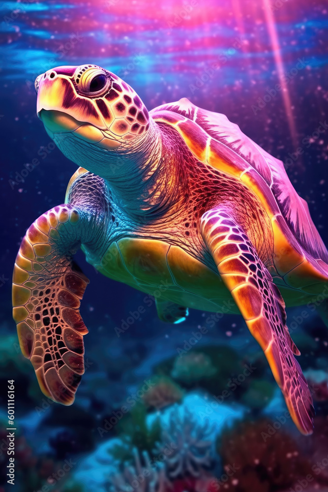 Futuristic turtle animal in metallic material and neon blue, purple and pink colors against colorful background. Generated AI. Futuristic turtle animal in metallic material and neon blue, purple and pink colors against colorful background. Generated AI.