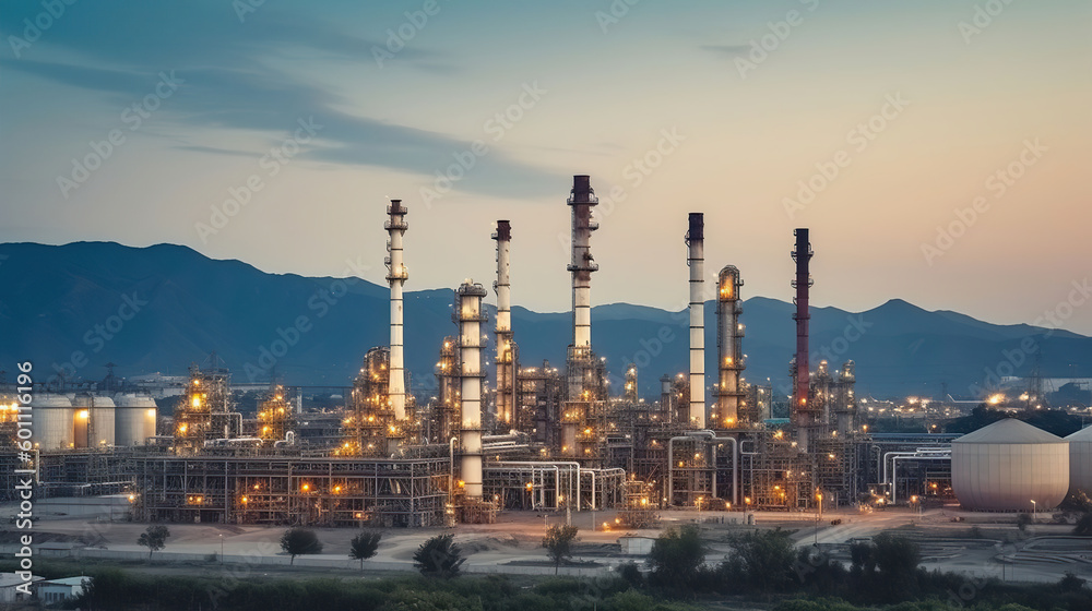 Obraz premium Aerial view, Oil refinery with a background of mountains and sky.The factory is located in the middle of nature and no emissions, Generative AI
