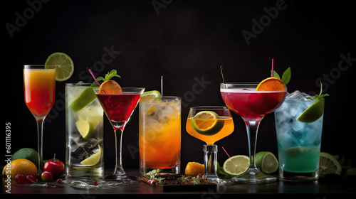Capture a mouthwatering and exquisite close-up photograph of Cocktails assortment served on dark background, Generative AI
