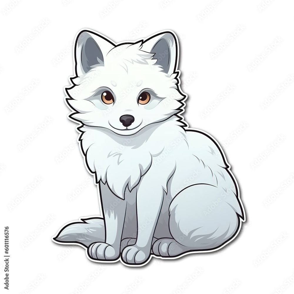 Cartoon sticker of an Arctic fox over white background. Generative AI illustration