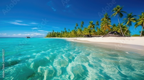 Beautiful beach scene with blue waters and palm trees