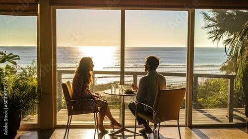 Couple talking at open dining room patio door with ocean view