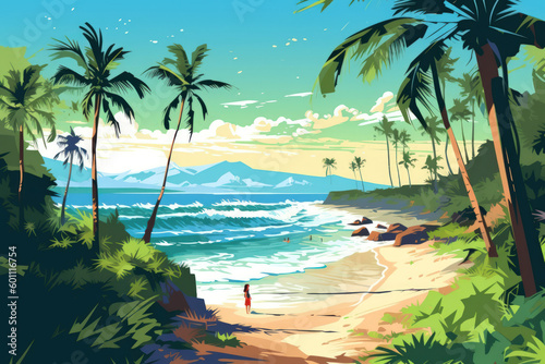 Drawing tropical beach summer background. Graphic illustration design. Generative ai.