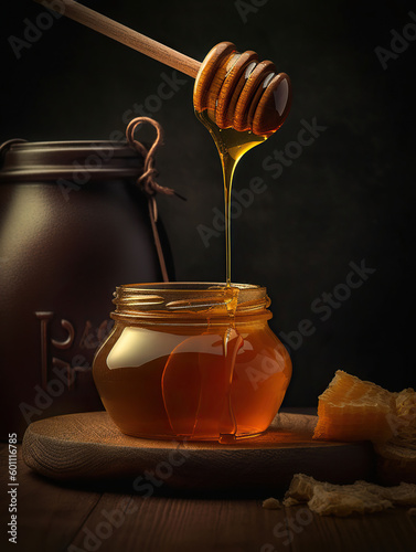 Jar of honey honey is poured from a wooden ladle. Generative AI