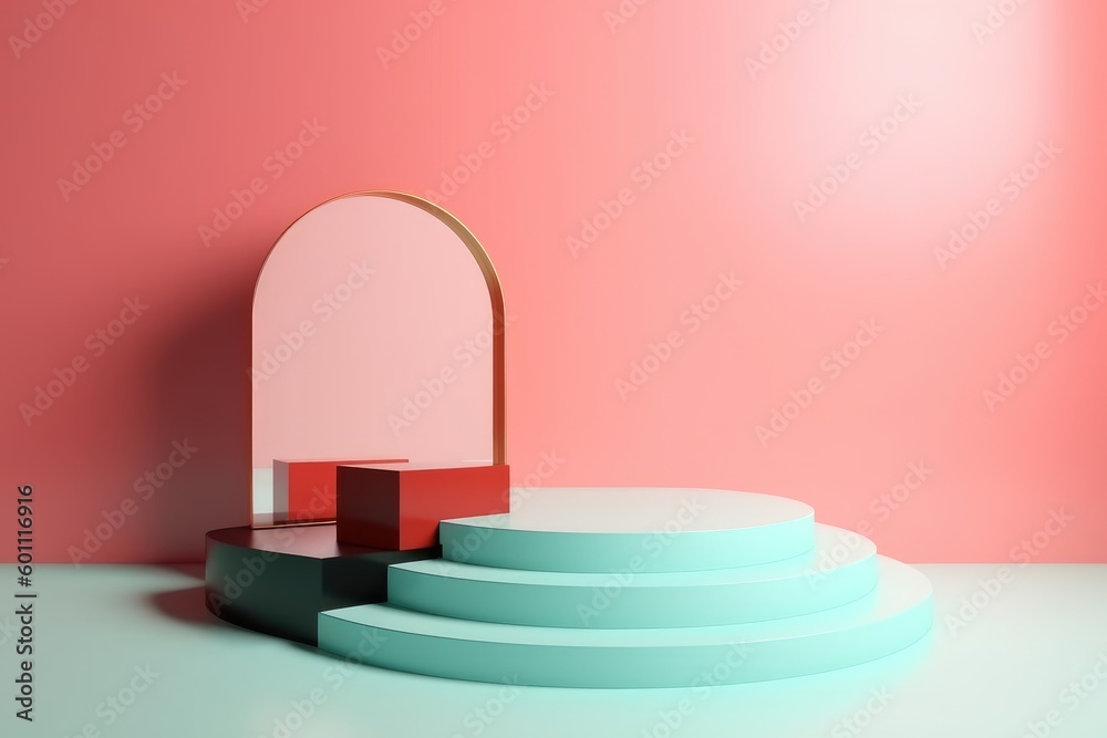 abstract minimal empty podium with bright colors to display products on a raised graphical area, 3D style generative ai Illustration abstract minimal empty podium with bright colors to display products on a raised graphical area, 3D style generative ai Illustration
