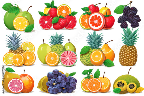 A set of exotic fruits and berries  lemon  orange  grapefruit  pear  grape  mulberry  pineapple  with green leaves isolated on a white background. Generative AI.