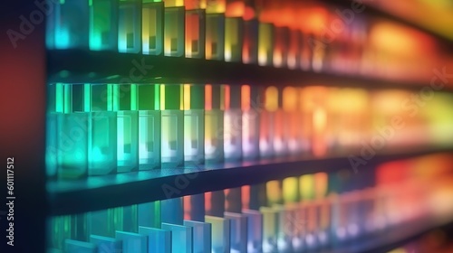 Abstract blurred background with bokeh lights and a shelving unit in a shop