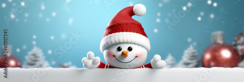Festive 3D design snowman with blank Christmas banner. Merry Christmas wallpaper, background, banner or web design. Seasonal greeting card design with copy space. Generative AI. © Czintos Ödön