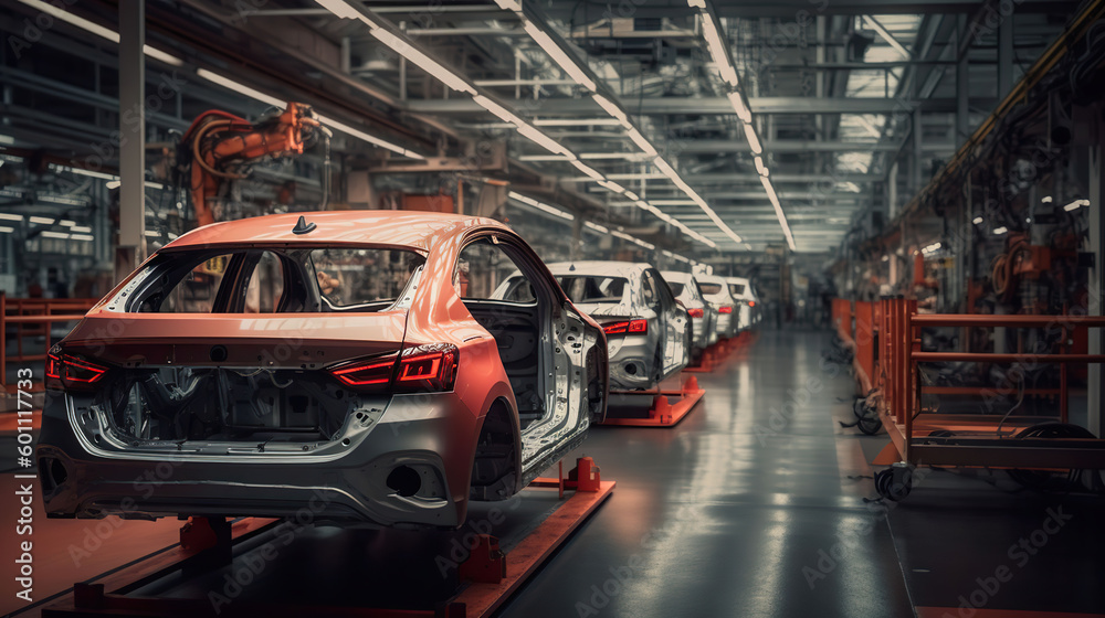 Fototapeta premium Innovative Technology and Skilled Labor, The Making of a Car in a Production Factory. Generative AI