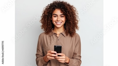 Young curly haired woman using mobile phone