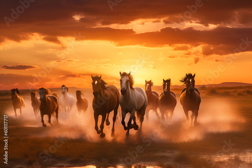 herd of beautiful horses runs at sunset © Nadezda Ledyaeva