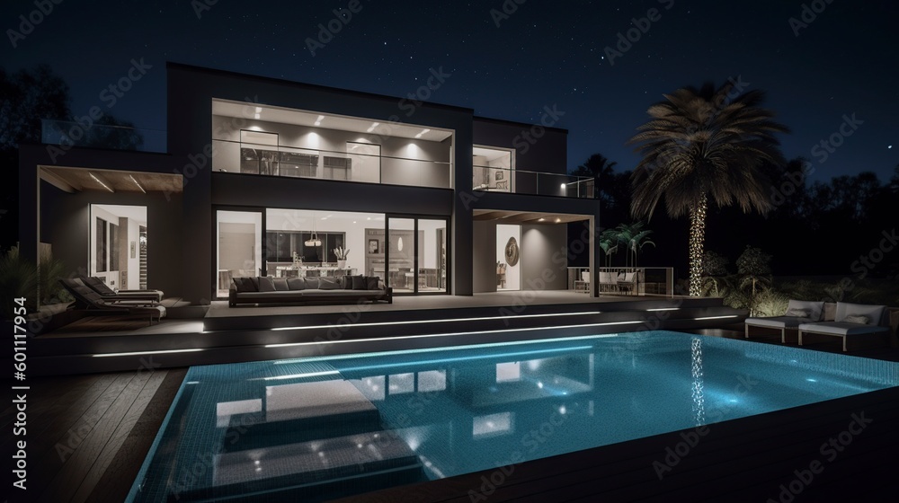 Fototapeta premium illustration, modern mansion with swimming pool, generative ai