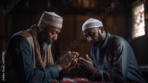Two Muslim people praying together