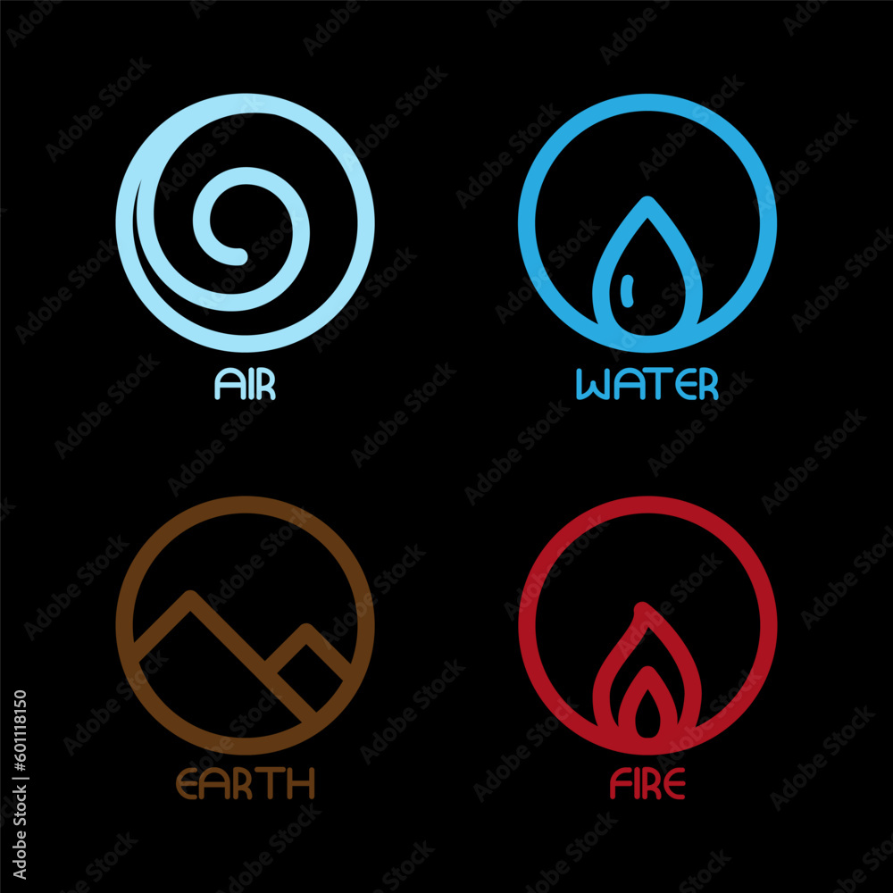 Fototapeta premium Four Elements (Fire, Air, Water, Earth) Symbols. Circle icon outline illustration vector