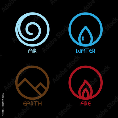 Four Elements (Fire, Air, Water, Earth) Symbols. Circle icon outline illustration vector