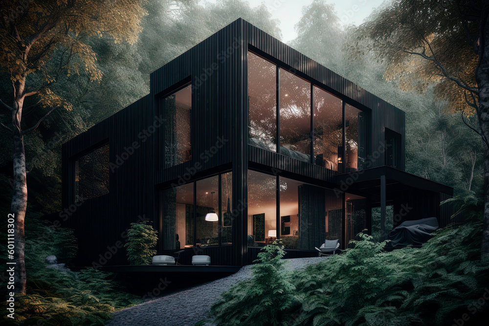 A house sitting in the middle of a forest. Generative AI A house sitting in the middle of a forest. Generative AI