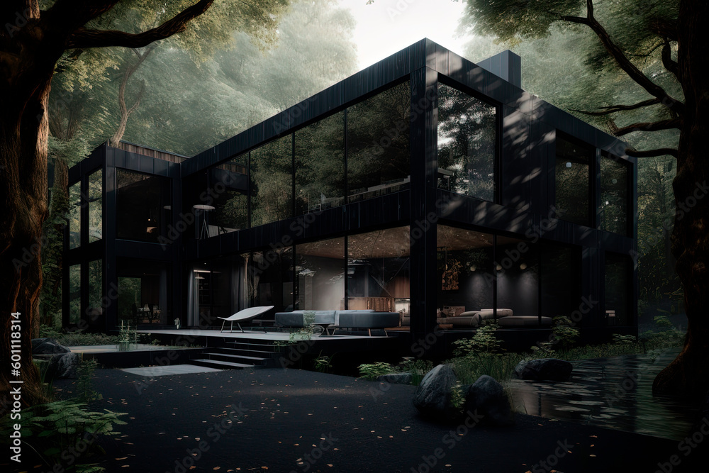 Fototapeta premium A house sitting in the middle of a forest. Generative AI