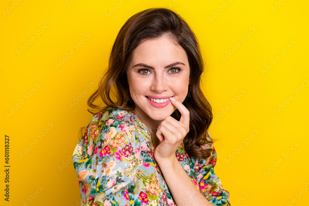 Portrait of nice lovely lady pointing teeth finger feel curious about dentistry stomatology offer isolated on vivid color background Portrait of nice lovely lady pointing teeth finger feel curious about dentistry stomatology offer isolated on vivid color background