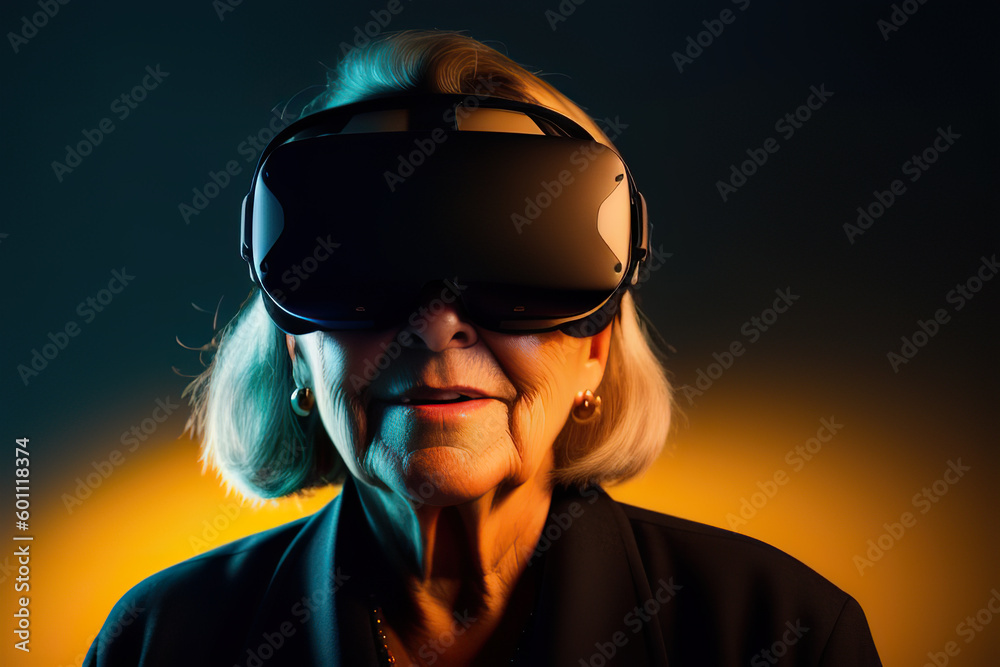 Generative AI illustration of a radiant elderly lady with virtual reality glasses standing in a dark room with rays of sunlight Generative AI illustration of a radiant elderly lady with virtual reality glasses standing in a dark room with rays of sunlight