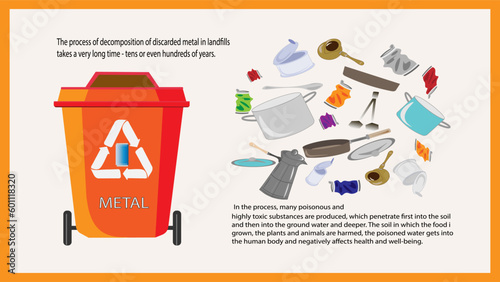 Waste segregation. Sorting garbage by material and type in colored trash cans. Separating and recycling garbage vector infographic. sustainability environment .
