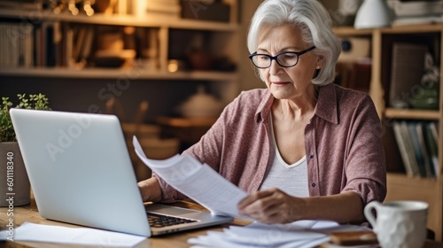 Senior woman banking with receipts on laptop