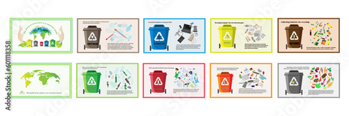 Waste segregation. Sorting garbage by material and type in colored trash cans. Separating and recycling garbage vector infographic. sustainability  environment .