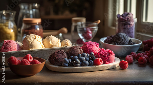 A different types of ice creams served in bowls, in the style of dark magenta and navy, Generative AI