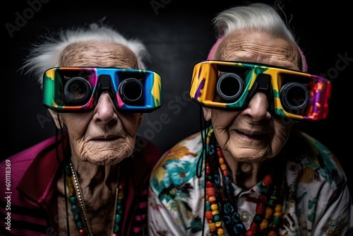 Generative AI illustration of elderly male and wife with gray hair wearing extravagant multicolored glasses against black background photo
