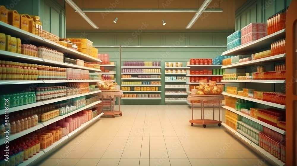 Supermarket interior with shelves for varied goods Supermarket interior with shelves for varied goods