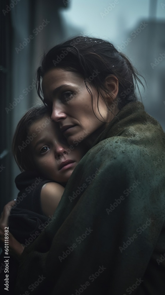 A poor mom hugging her daughter in the street under the rainy sky, homeless, war victims, hope and faith ai, ai generative, illustration A poor mom hugging her daughter in the street under the rainy sky, homeless, war victims, hope and faith ai, ai generative, illustration