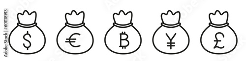 Money bag linear icon. Different money symbols - vector elements set.
