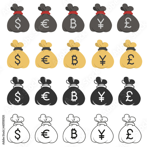 Money bag with different money symbols - vector icon collection. Dollar, euro, pound sterling, yen, bitcoin symbols.