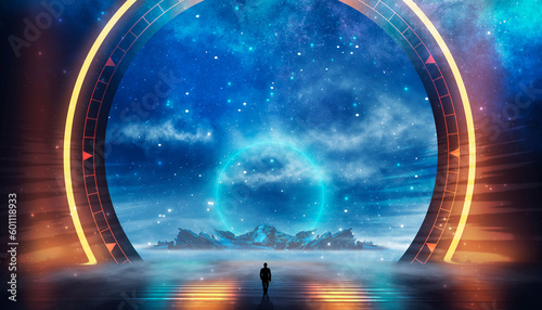 Fantasy neon futuristic landscape time portal. 