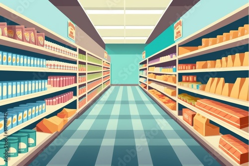 Aisle in grocery store and shelves with display shelf full of products to buy, cartoon style, AI generated