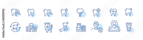 Set of dental health related icons. Dentistry, orthodontic treatment and hygiene. Pixel perfect, editable stroke set