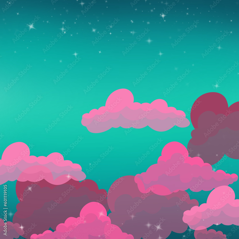 different pink colored clouds on turkequoise ground with stars, digital painting, background
