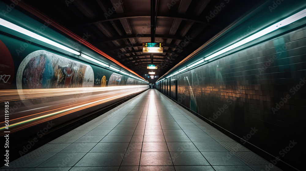 Subway tunnel with blurred light tracks with arriving train in the opposite direction. Generative AI Subway tunnel with blurred light tracks with arriving train in the opposite direction. Generative AI