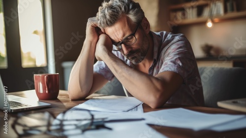 Tired man sitting at desk with financial bills at home