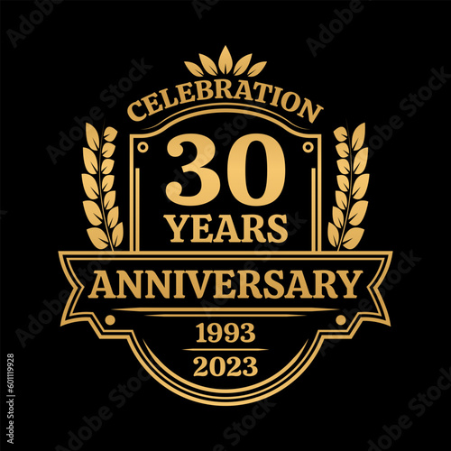 30 years anniversary icon or logo. Vintage birthday banner design. 30th anniversary jubilee celebration badge or label. Vector illustration.