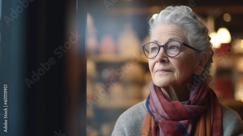 Portrait of a thoughtful senior female shop owner looking out